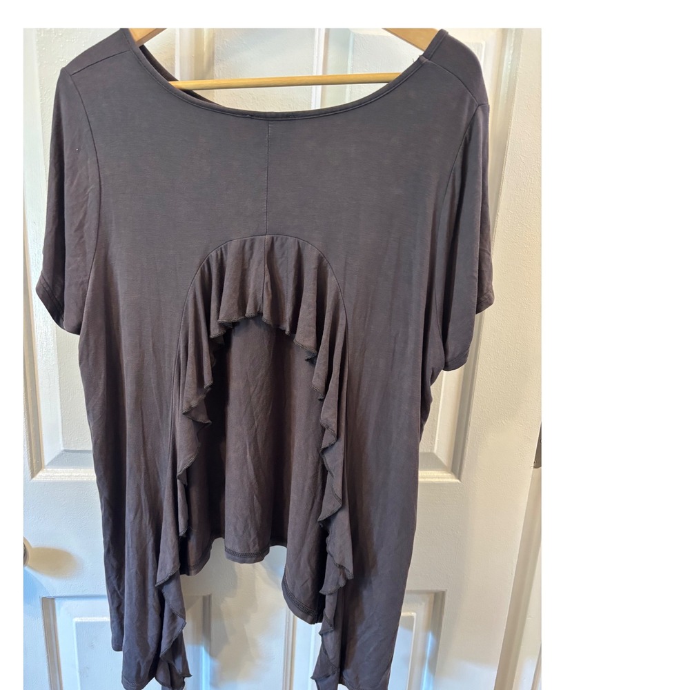 POL Womens Charcoal Gray Ruffle Open Back Short Sleeve Top Size M Boho Flowy